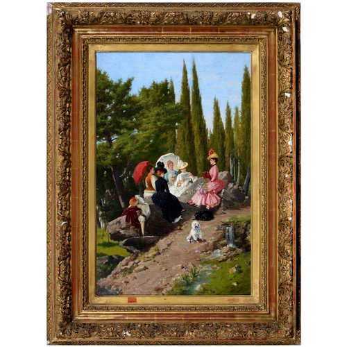 721 - Ignac Spiridon (1869-1900) - Stylish Young Women with their Dogs in High Summer,  signed, oil on can... 