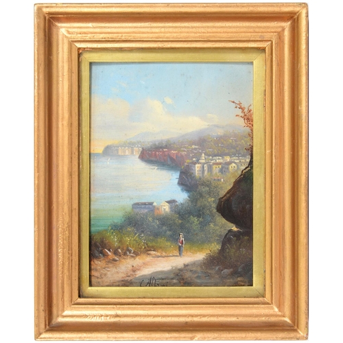 722 - Italian School, late 19th / early 20th c -  Figure on a Coastal Path, indistinctly signed, oil on bo... 