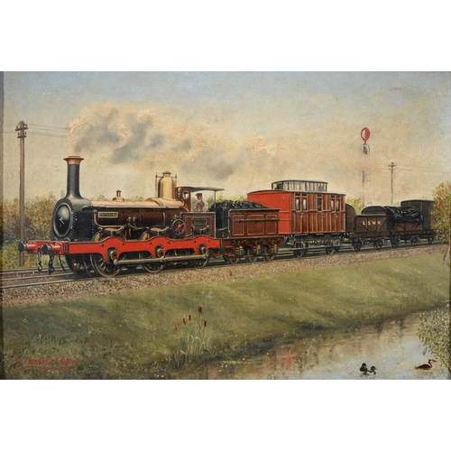 730 - Crossley, 21st c - View from an Artist's Window, signed, oil, 39 x 29cm, a study of a steam engine w... 