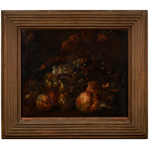 734 - Dutch School, 17th/18th c - Still Life of Ripe Peaches, Plums, Grapes and Vine Leaves, oil on canvas... 