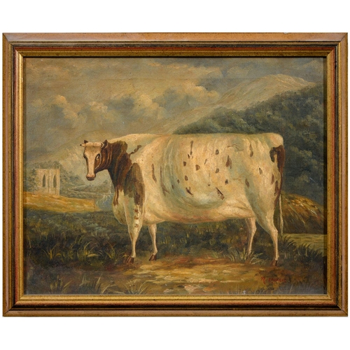 736 - A. Laurens, British Journeyman Artist, 19th c - Portrait of a Short-Horned Cow, a ruined mediev... 