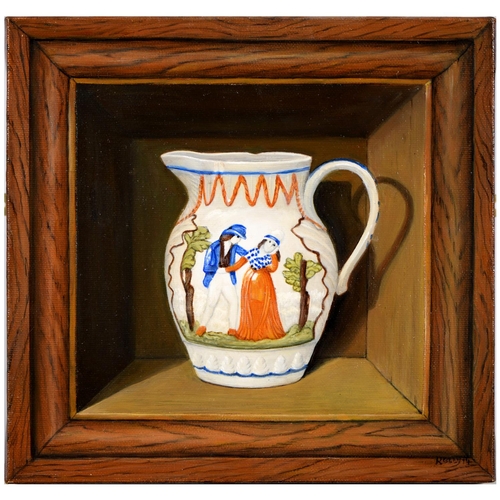 738 - Reny, 21st c - Study of a Pratt Ware Jug, on a niche, within a trompe-l'œil frame, signed... 