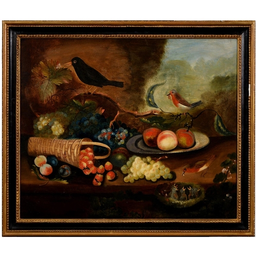 742 - Robert Beesly, English Naive Artist, second-half 18th c - Still Life with a Blackbird, a Robin Feedi... 