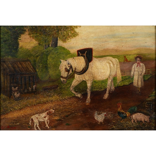 749 - J.J Hudson, Naive Artist, late 19th/early 20th c - The Farmyard, with farmer, work horse, dog, ... 