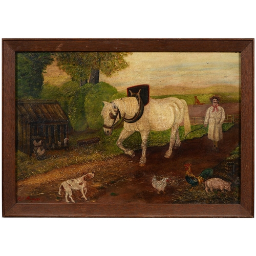 749 - J.J Hudson, Naive Artist, late 19th/early 20th c - The Farmyard, with farmer, work horse, dog, ... 