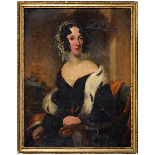 767 - British School, 19th c - Portrait of a Lady, seated three quarter length in a red dress and ermine s... 