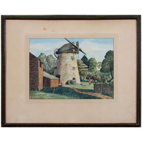 770 - English School, early 20th c - The Windmill, signed with initials PT, gouache on coarse cloth laid o... 