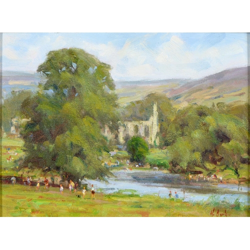 782 - N Barker, 20th / 21st c - The River Wharfe at Bolton Abbey, signed, inscribed verso, oil on board, 2... 