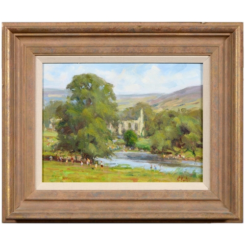 782 - N Barker, 20th / 21st c - The River Wharfe at Bolton Abbey, signed, inscribed verso, oil on board, 2... 