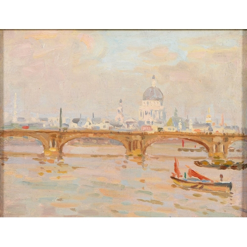 784 - Attributed Arthur Haythorne Studd (1863-1919) - St Paul's Cathedral from the River Thames, oil on C ... 