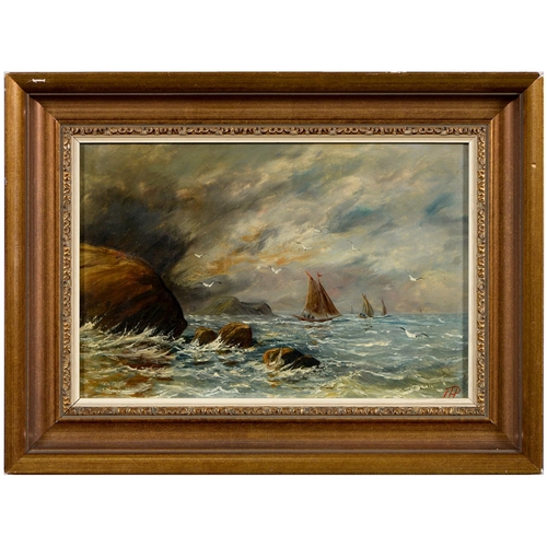 791 - English School, 19th c - Fishing Boats in a Storm off the Coast, signed with initials THP, oil on bo... 