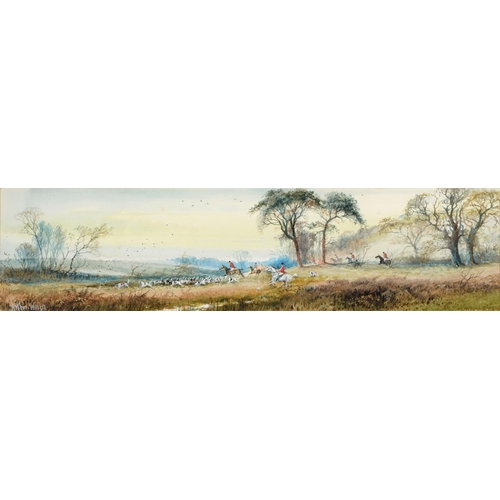 797 - Arthur Willett (1857-1918) The Hunt in Full Cry, signed, watercolour, 12.5 x 50.5cm