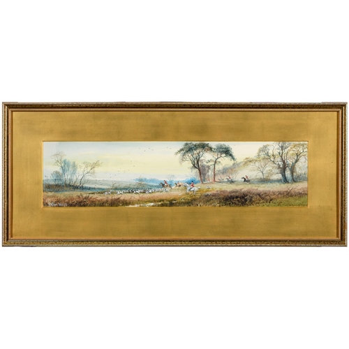 797 - Arthur Willett (1857-1918) The Hunt in Full Cry, signed, watercolour, 12.5 x 50.5cm