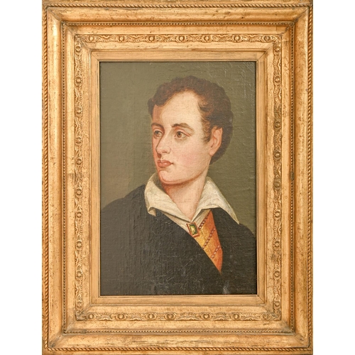 822 - After Thomas Phillips RA - Portrait of Lord Byron, oil on canvas laid on panel, 43 x 29cm... 