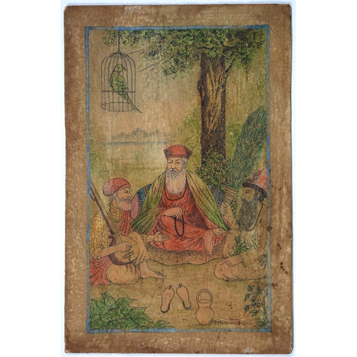 828 - Indian School - Two Figures and a Musician all Seated beneath a Tree with Caged Bird, ink and polych... 