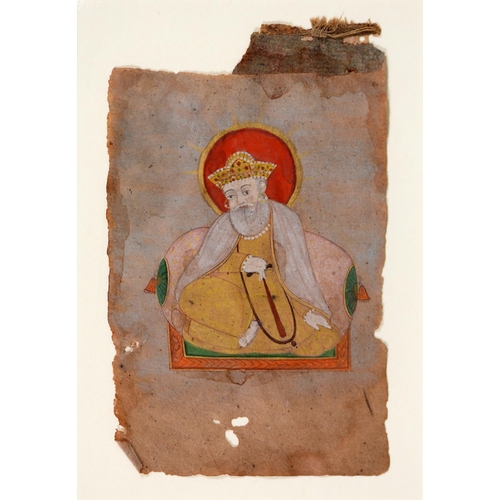 829 - Indian School - Miniature of a Guru, pigment and gold on fragmentary paper, circa 140 x 80mm irregul... 