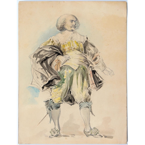 831 - French School - A Cavalier, red chalk, 37.5 x 21.5cm and a watercolour of a cavalier, unframed (2)... 