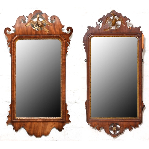 839 - Two similar parcel gilt walnut fretted frame mirrors, 20th c, 82 and 85cm h