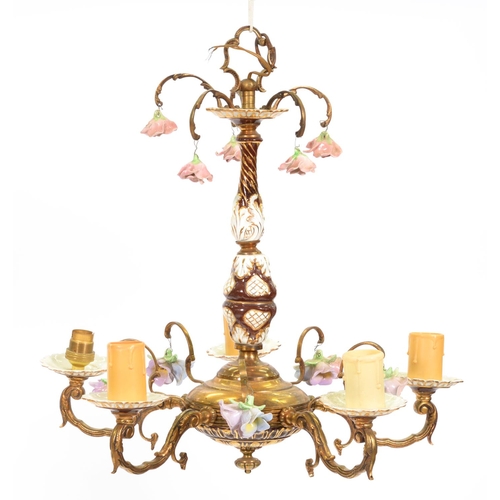 849 - A porcelain flowered and earthenware mounted lacquered brass chandelier, circa mid 20th c, 47cm h an... 