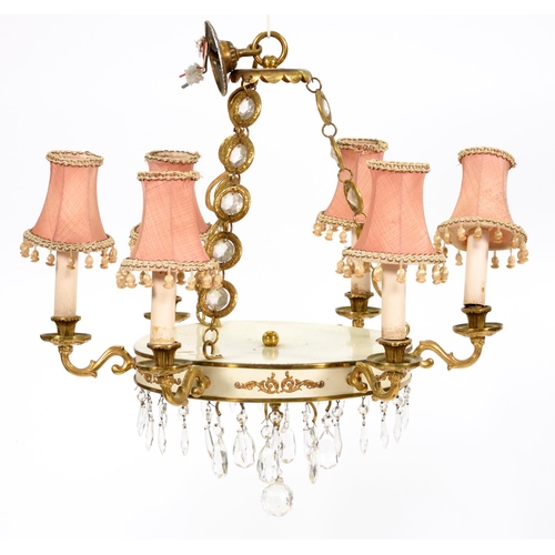 849 - A porcelain flowered and earthenware mounted lacquered brass chandelier, circa mid 20th c, 47cm h an... 