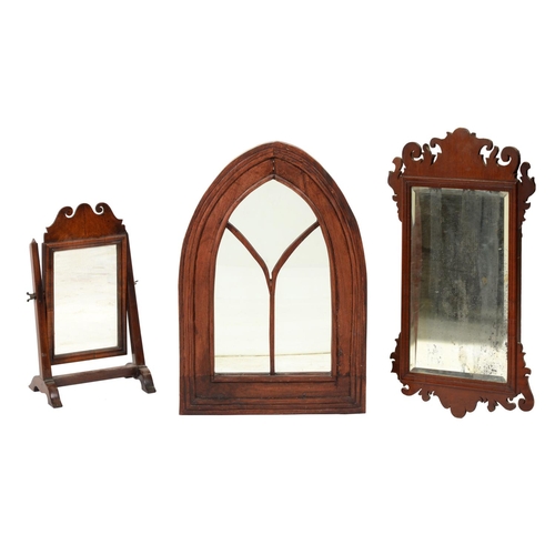 853 - A George I style walnut-veneered stained pine and mahogany dressing mirror, swan neck pediment, 40.5... 