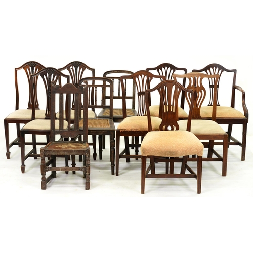 921 - Eight George III and later mahogany dining chairs, a pair of caned chairs and an 18th c oak chair, w... 