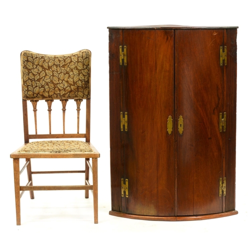 933 - A George III mahogany bow fronted hanging corner cupboard, 101cm h x 69cm and an ash salon chair... 