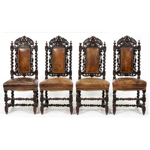 943 - A set of four Victorian carved and dark-stained oak side chairs, the padded back and stuffed over se... 