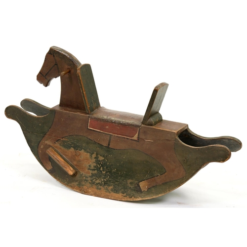 989 - A painted pine flat sided rocking horse, with padded leather seat, 54cm h