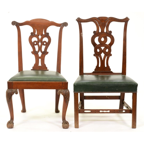 996 - Two George II mahogany dining chairs, with interlaced splat and carved volutes or rosettes, one on c... 