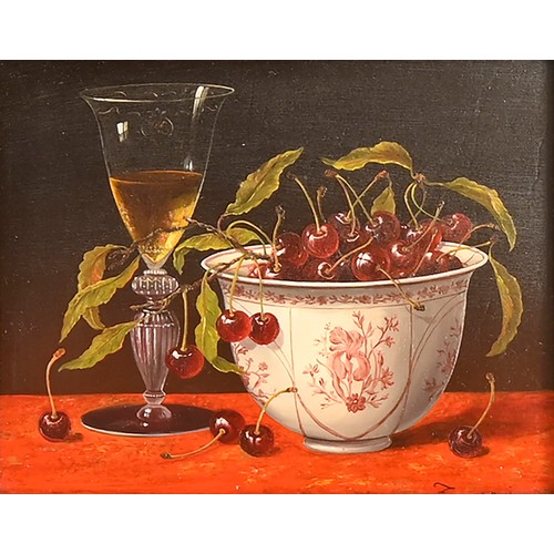 728A - Bernadette Jeanne Zouaoui, 20th c - Still Life with a Wine Glass and Cherries in a Chinese Porcelain... 