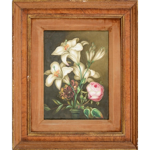 755 - An English porcelain plaque, c1820, painted with lilies, a rose and honeysuckle, 22 x 16cm, framed... 