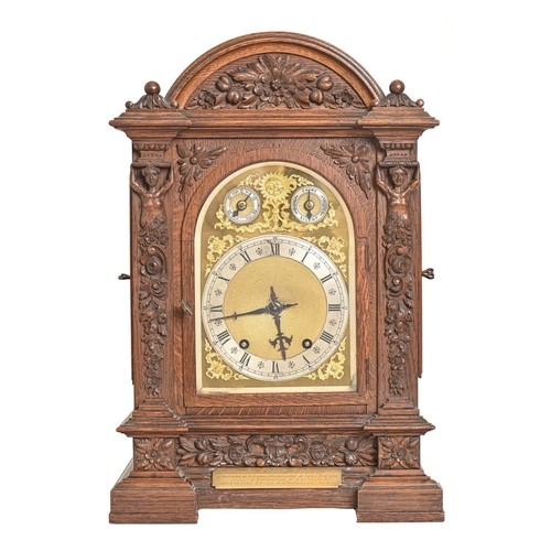 1023 - A German carved oak bracket clock, c1890, with Winterhalder & Hofmeier movement striking on two ... 