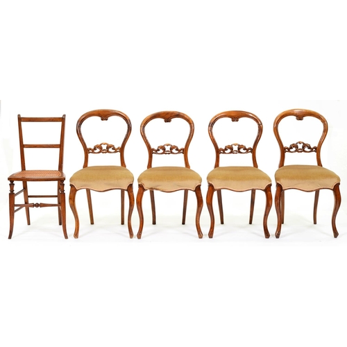 1207 - A set of four Victorian walnut chairs balloon back dining chairs and a bedroom chair with caned seat... 