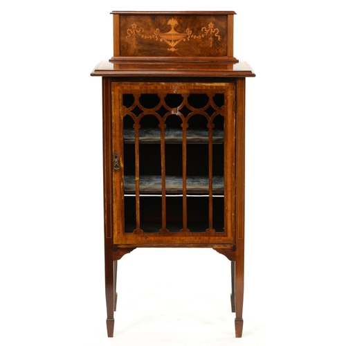 1216 - An Edwardian mahogany, crossbanded and inlaid music cabinet, 116cm h; 32 x 56cm