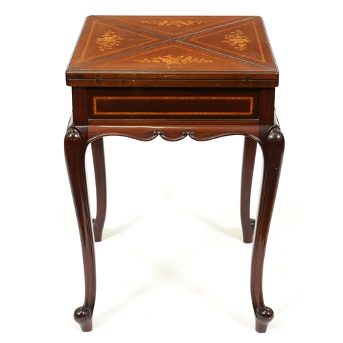 1218 - An Edwardian mahogany, satinwood, inlaid and penwork card table, of envelope type, on cabriole legs,... 