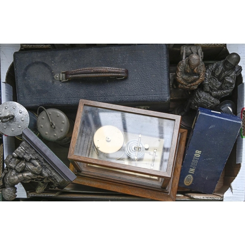 1004 - An oak cased brass barograph, two reproduction brass Davy lamps, statuettes of soldiers, flasks, etc... 