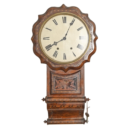 1024 - A trunk dial wall clock, c1900, with painted dial and inlaid with straw work bands, pendulum, 76cm h... 