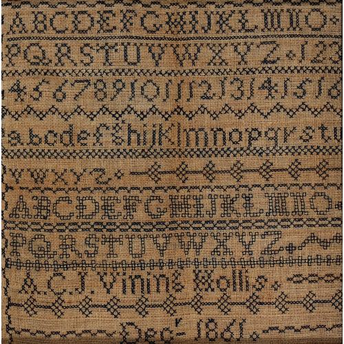 1032 - A Victorian linen sampler, A. C. J. Vining Hollis Decr 1861, worked in black monochrome, 19 x 19cm, ... 