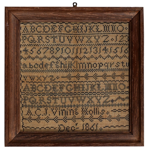 1032 - A Victorian linen sampler, A. C. J. Vining Hollis Decr 1861, worked in black monochrome, 19 x 19cm, ... 