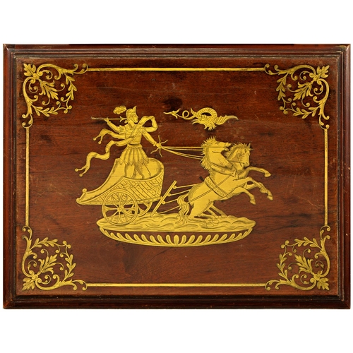 1035 - A pair of Continental brass inlaid hardwood panels, 19th c, with a charioteer in pursuit of a dragon... 