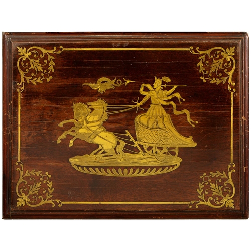 1035 - A pair of Continental brass inlaid hardwood panels, 19th c, with a charioteer in pursuit of a dragon... 