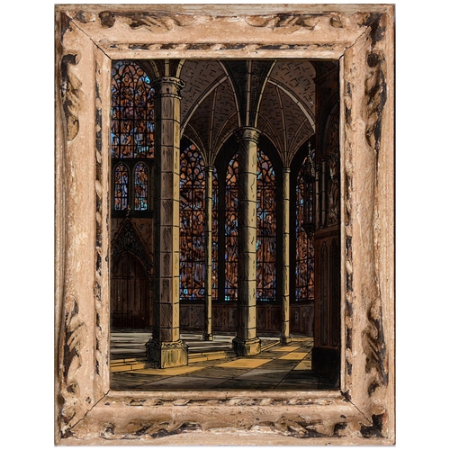 1037 - A chrystoleum of the interior of a church, 19th / early 20th c, backed with iridescent butterfly win... 