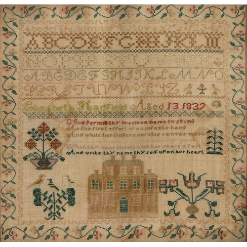 1038 - A William IV linen sampler, Elizabeth Hadfield aged 13 1837, worked with house, birds and trees in t... 