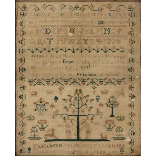 1039 - A George III linen sampler, Elizabeth Tyler, her work ended February the 12th, year of her age, work... 