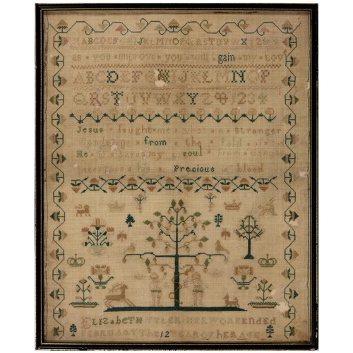 1039 - A George III linen sampler, Elizabeth Tyler, her work ended February the 12th, year of her age, work... 