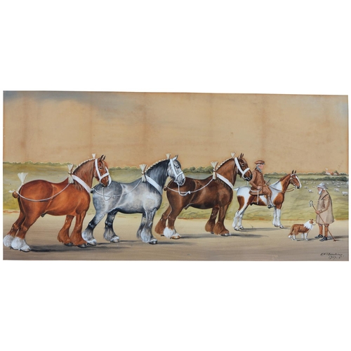 1074 - Herbert or Henry Standing - Shire Horses, signed and dated 1907, watercolour, 35 x 73cm... 