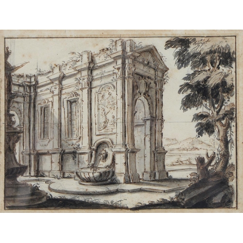1079 - Giovanni Dal Re (Fl. 18th c) - Design for Scenery, pen, ink and wash in black line border, 16 x 21.5... 