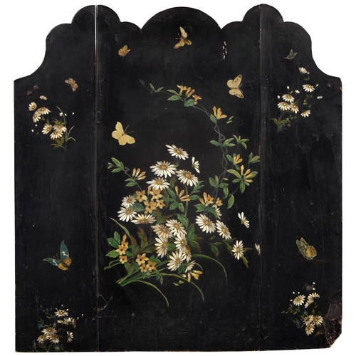 1088 - A 19th c black papier-mâché triptych panel, decorated with summer flowers and butterflies, shaped cr... 
