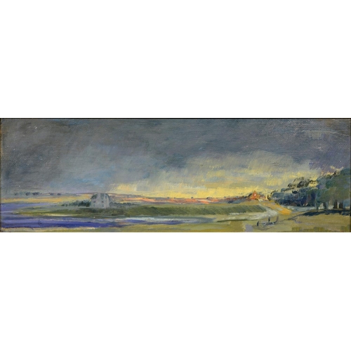 1095 - Kathleen Crow ROI (1920-2020) - Sunset Rutland Water, oil on board, 16 x 49.5cm